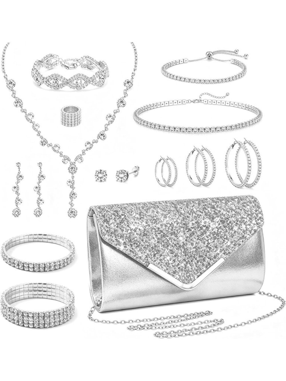 18-Piece Rhinestone Purse & Jewelry Set for Women - Perfect for Prom & Parties